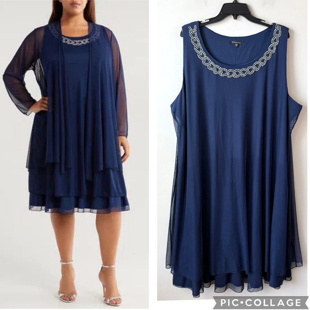 Marina Embellished Neck Mesh Dress‎ Navy Blue 2X